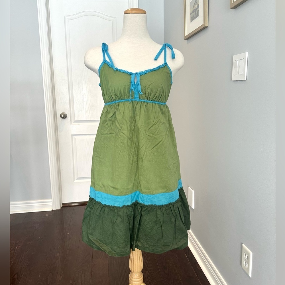 AMERICAN EAGLE OUTFITTERS Olive Green/Teal Blue Tie Strap Summer Dress - Size 6